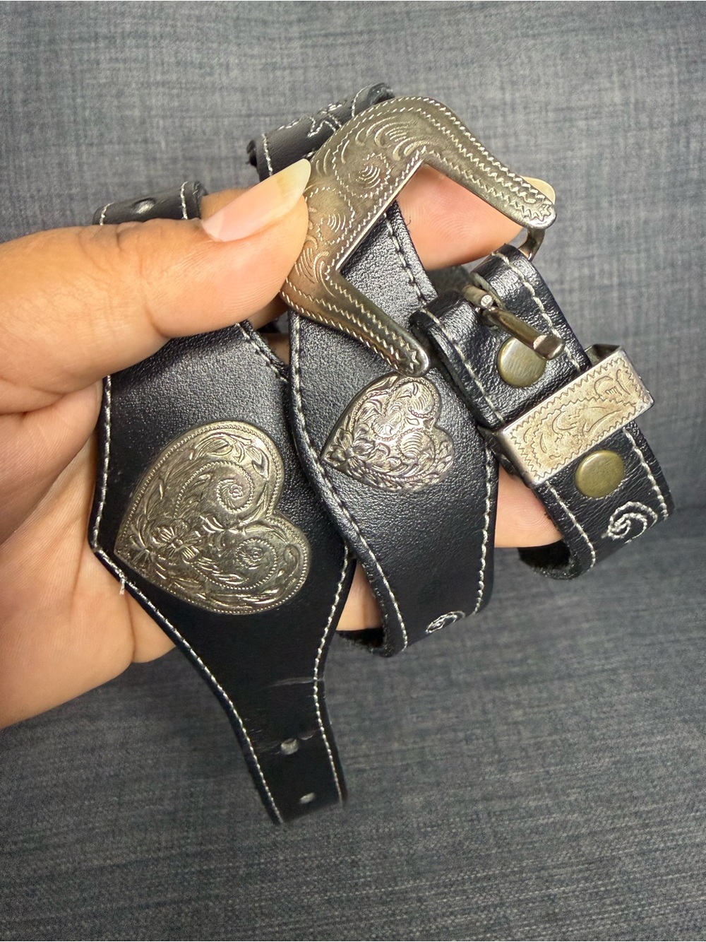 Larry Mahan Black Leather Western Belt with Floral Heart Metal Accents